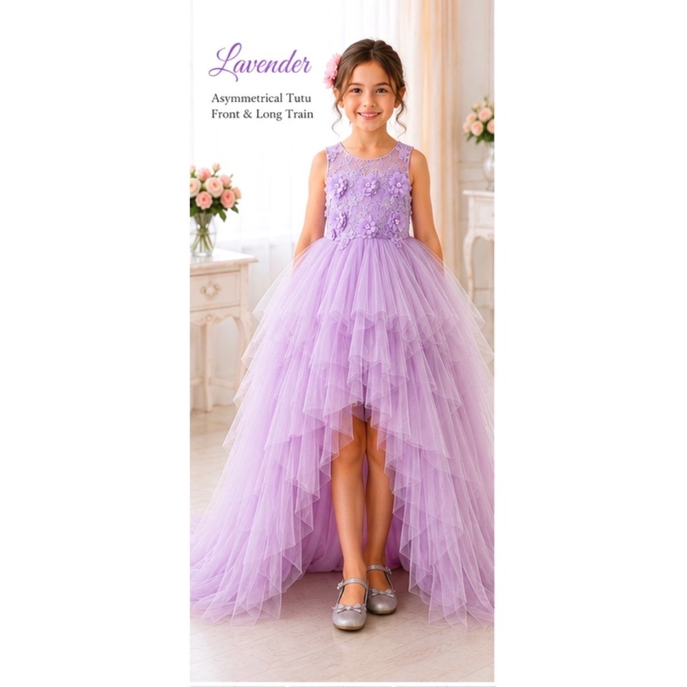 Girls Lavender High Low Flower Girl Dress Lace Tulle Pageant Wedding Train